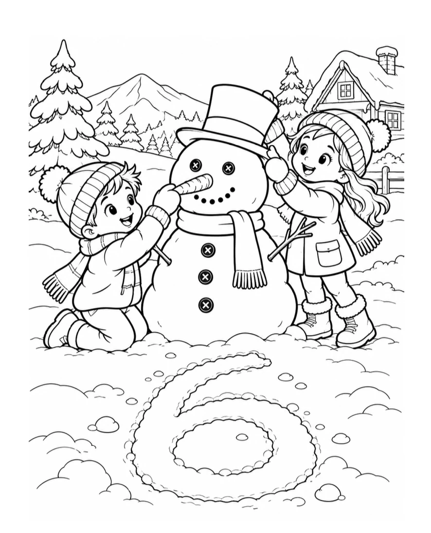Day 6 coloring page: two kids building a snowman with a top hat and carrot nose, a big 6 drawn in the snow
