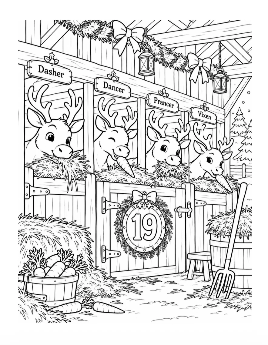 Day 19 coloring page: Dasher, Dancer, Prancer and Vixen munching carrots in their stable, a 19 wreath on the gate