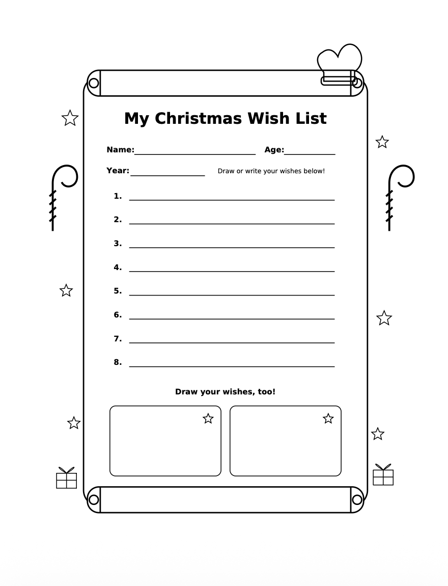 Bonus page: My Christmas Wish List, with lines for eight wishes and two boxes to draw them